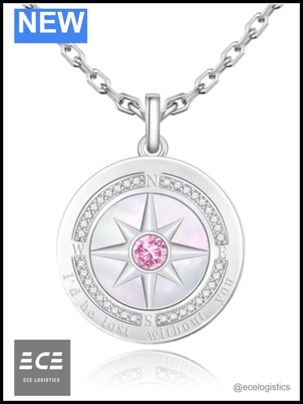 Sterling Silver Mother of Pearl Compass Pendant Necklace CZ 17.7in Gift
